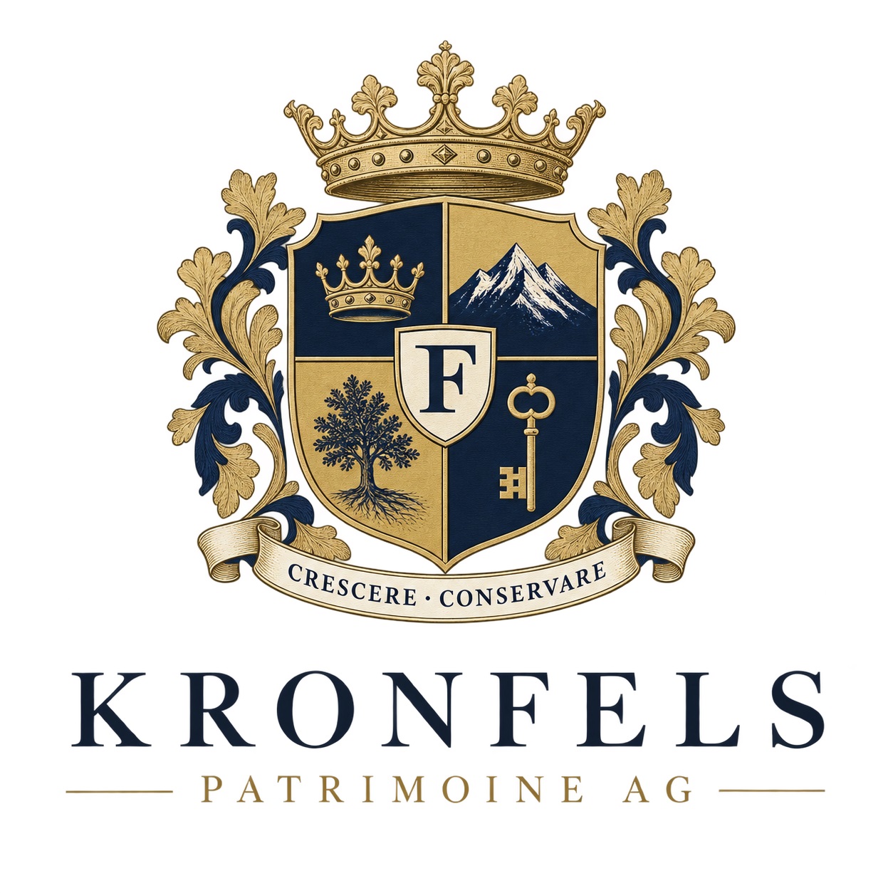 Kronfels Patrimoine AG – Wappen mit dem Leitspruch Crescere · Conservare